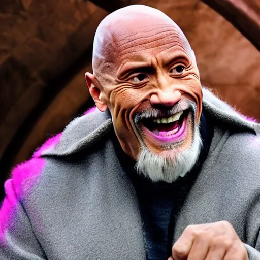 Image similar to dwayne johnson as an old druid wizard, bald, bushy grey eyebrows, long grey hair, disheveled, wise old man, wearing a grey wizard hat, wearing a purple detailed coat, a bushy grey beard, sorcerer, he is a mad old man, laughing and yelling