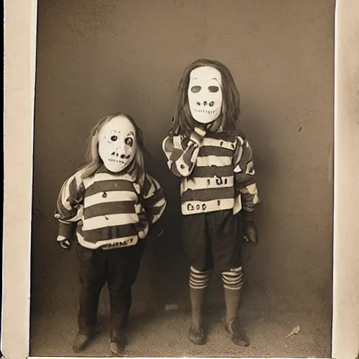 Prompt: children in scary big masks daguerrotype