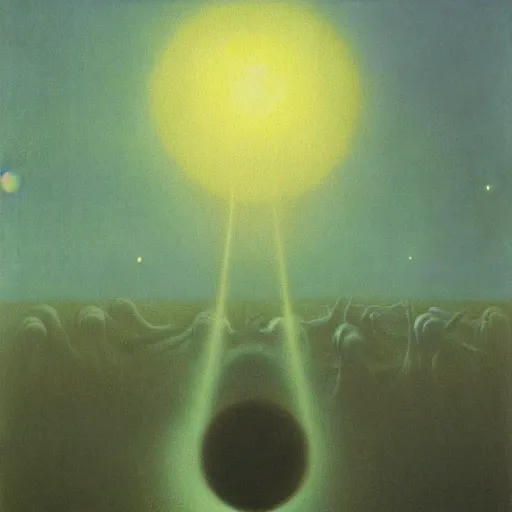 Image similar to gathering of aliens from all over the galaxy by Zdzisław Beksiński, oil on canvas