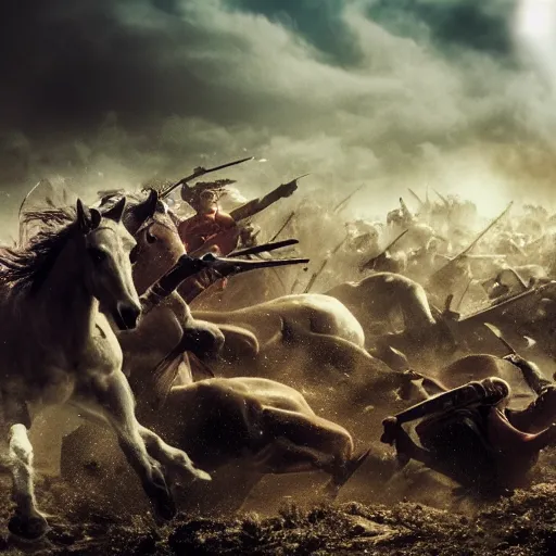 Image similar to an horse attacking a horde of humans in a battlefield, explosions, foggy, dust, dirt, cinematography, photography, realistic, detailed,