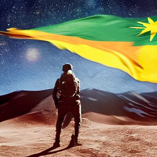 Image similar to kurdish astronaut holding a kurdistan flag in a movie directed by christopher nolan, movie still frame, promotional image, imax 7 0 mm footage