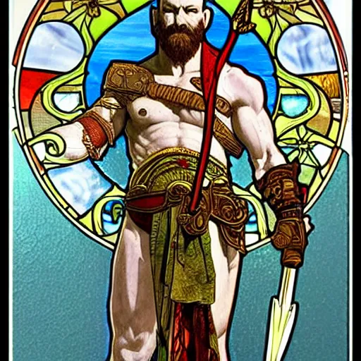 Prompt: god of war holding trident highly detailed features, high quality, transparent glass, toilet paper, portapotty, intricate, stained glass by alphonse mucha