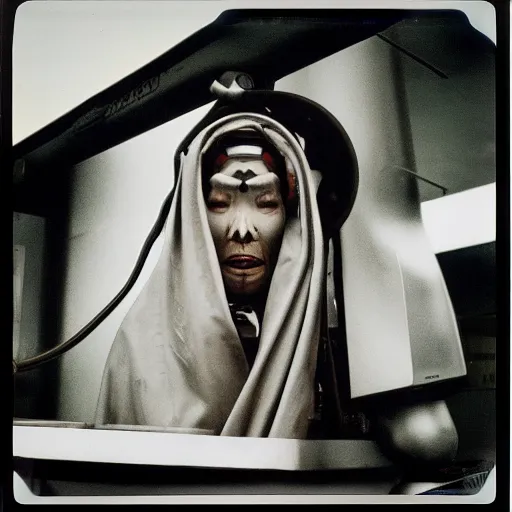 Prompt: a mongolian cyborg at a gas station, 9 0 s polaroid, by jamel shabbaz, robert mapplethorpe, davide sorrenti