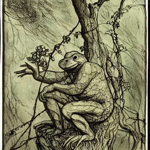 Image similar to toad philosopher toad in a pose The Thinker, swamp, by Auguste Rodin, by Irving Penn, illustrations by irish fairy tales james stephens arthur rackham, fairy tale illustrations, illustrations by Stephen Reid