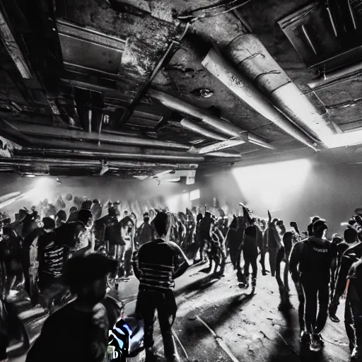 Prompt: photograph of a lot of retro techwear people at a rave inside of a rundown hidden club, brutalism, retrofuturism, cyberpunk, sigma 85mm f/1.4, 35mm, 4k, depth of field, high resolution, 4k, 8k, hd, highly detailed, full color