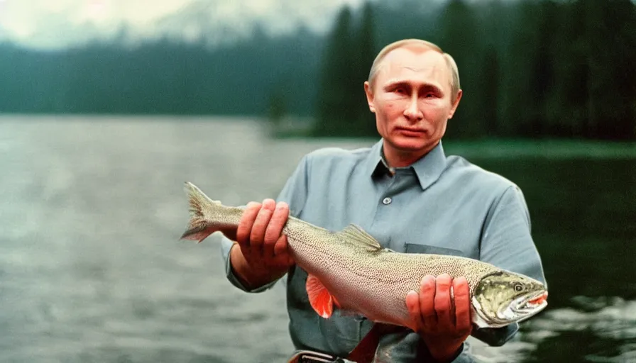 Prompt: 7 0 s movie still of putin catching a salmon with his hands, cinestill 8 0 0 t _ 3 5 mm eastmancolor, heavy grain, high quality, high detail