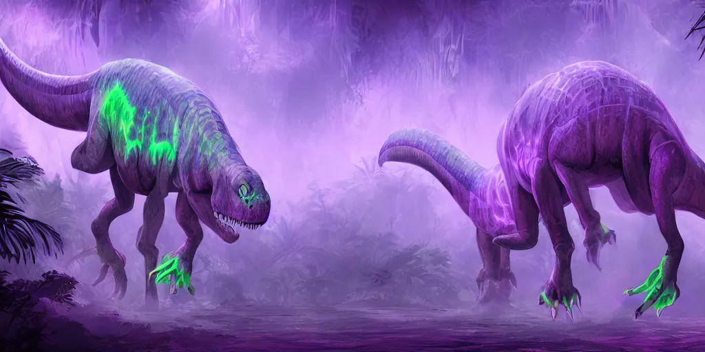 Image similar to spectral purple neon ghost dinosaur, green jungle background, detailed, ultrawide landscape, concept art