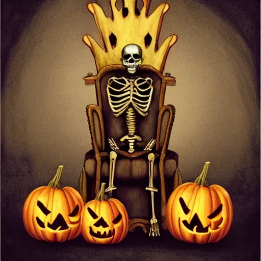 Image similar to a skeleton in a crown sitting on a chair surrounded by pumpkins, a storybook illustration by anne stokes, featured on deviantart, gothic art, behance hd, creepypasta, 2 d game art