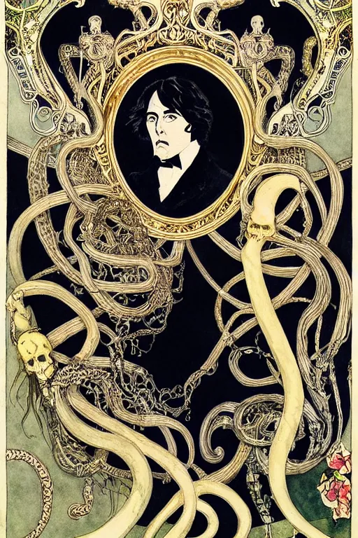 Prompt: realistic portrait of oscar wilde in the center of an ornate rococo frame with skulls and snakes, detailed art by kay nielsen and walter crane, illustration style, watercolor