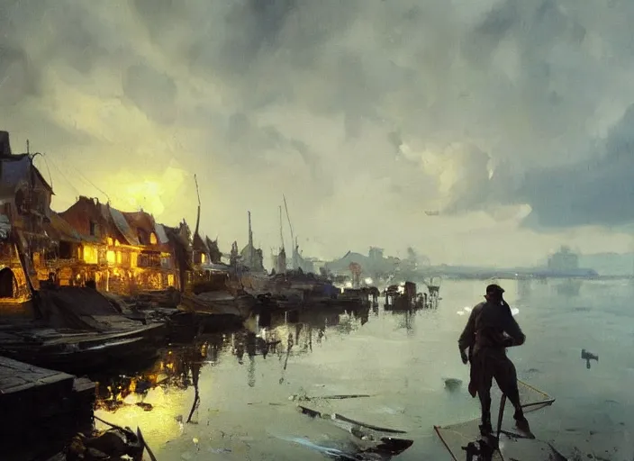 Image similar to oil painting of fishing village in dawn by anders zorn, wonderful art by greg rutkowski, incredible lighting, shadows, beautiful cinematic light