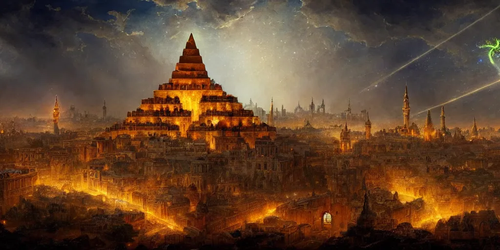 Image similar to magical city of the great tartarian empire adorned with amazing lost technology, lighting resembling fireflies, spires from rooftops collecting and distributing etheric energy, the centerpiece of the city is a colossal ancient pyramid made of metal, cityscape, combining intense detail & utmost quality, late 1 8 0 0 s photography christian hecker, artstation, - h 8 3 2