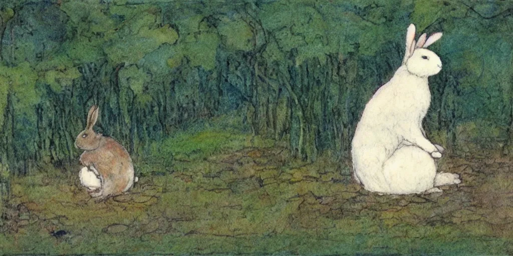 Image similar to a rabbit sitting by a pond, in the style of john bauer