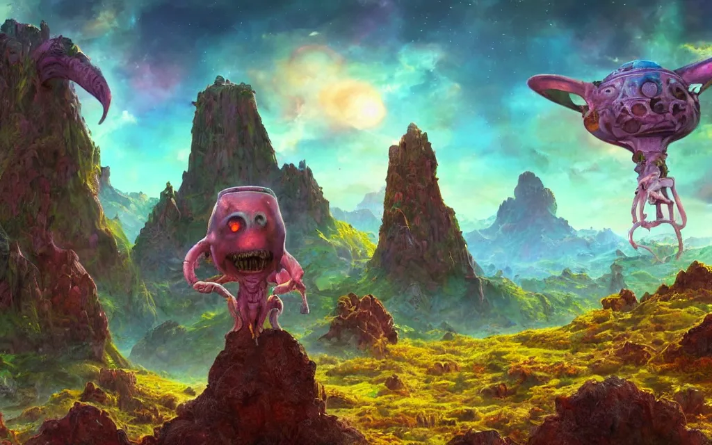Prompt: Cute aliens on a beautiful Colorful planet terrain” they are happy and waving to us, matte painting, concept art, digital art, Hyperdetailed, Anne Stokes, H R Giger , 4K,