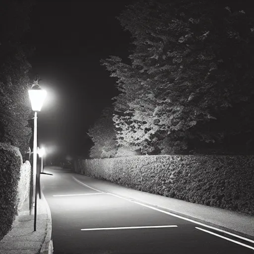 Prompt: Beautiful cameraphone, soft liminal Photograph of estate road, hedge night, streetlight.