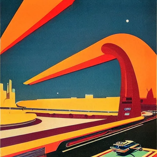 Prompt: a series of highways in outer space with cars on them, 1950s art deco poster, retrofuturism, edward hopper