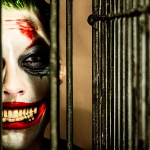 Image similar to amber heard as the joker, crying alone inside a prison cell behind bars, ultra realistic, canon 3 5 mm portrait photography, 8 k, movie still