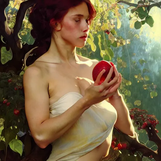 Image similar to eve eating fruit from the tree of knowedge of good and evil in the gardnen of eden, highly detailed, digital painting, artstation, concept art, smooth, sharp focus, illustration, artstation, art by artgerm, greg rutkowski, alphonse mucha, ilya repin and charlie bowater