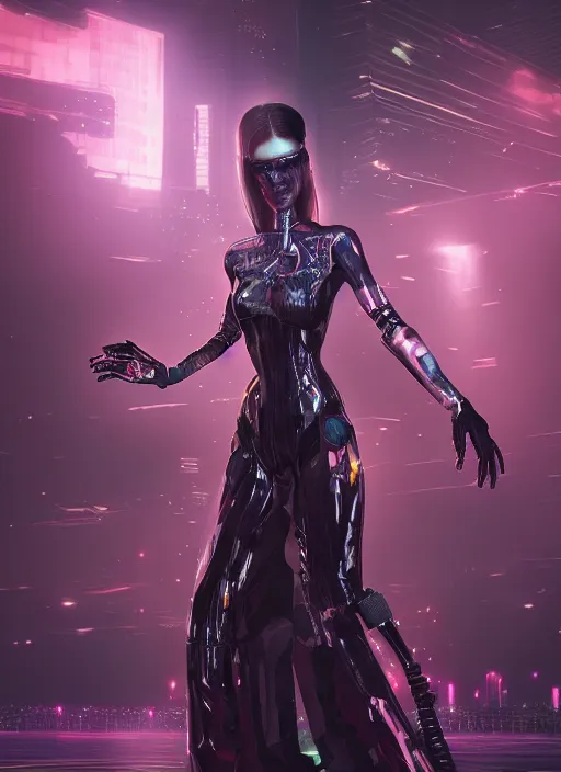 Prompt: cyberpunk bride, elegent, magic background, dynamic lighting, character concept, gaudy colors, octane render aesethic, radiant lighting, hd