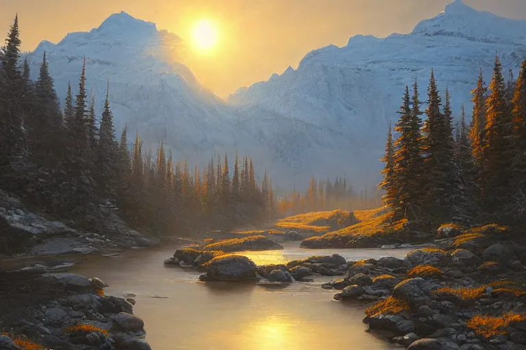 Prompt: an epic landscape painting of the three sisters mountains in canada, with snow on its peak, at sunrise in springtime, with a small river in the foreground, painted by andreas rocha, atmospheric, volumetric lighting, rolling fog, breathtaking, highly detailed