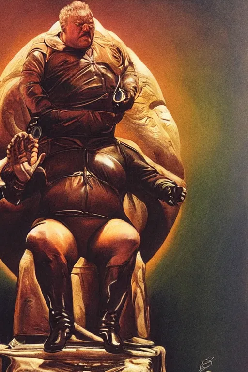 Image similar to ray winstone as baron harkonnen sitting on throne in dystopian science fiction hall in 1982 movie dune, by boris vallejo