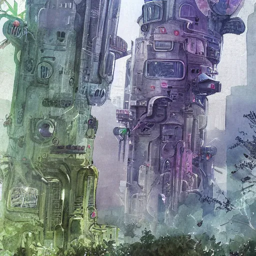 Prompt: Beautiful happy overgrown sci-fi city in harmony with nature. Nice colour scheme, soft warm colour. Beautiful detailed watercolor by Lurid. (2022)