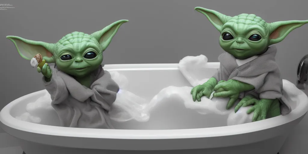 Image similar to Baby Yoda sitting in a tub taking a bubble bath, hyperdetailed, artstation, cgsociety, 8k