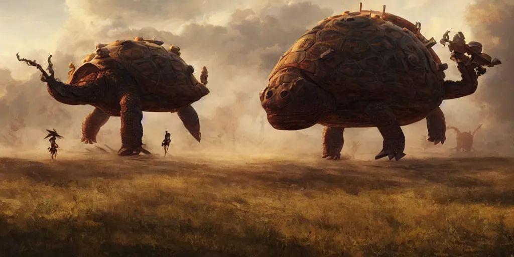 Image similar to a tribe fighting a single giant steampunk turtle monster on the empty plains at dawn, ethereal fantasy art by greg rutkowski