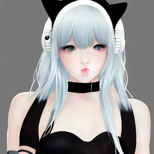 Image similar to realistic teasing detailed semirealism beautiful gorgeous cute Blackpink Lalisa Manoban white hair white cat ears blue eyes, wearing black camisole outfit, headphones, black leather choker full HD 4K high resolution quality WLOP, Aztodio, Taejune Kim, Guweiz, Pixiv, Instagram, Artstation