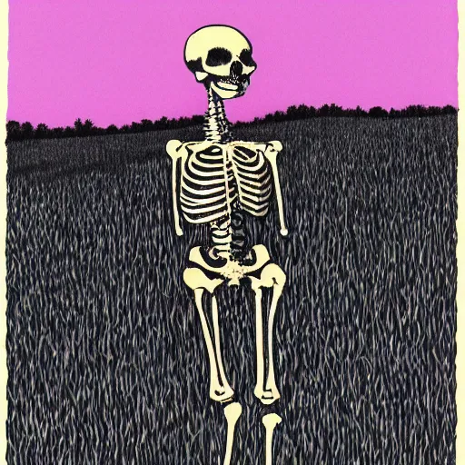 Image similar to risograph of a skeleton in a field