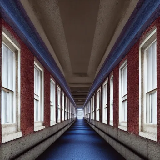 Image similar to a long colorful asylum hallway, one point perspective, vanishing point, symmetrical composition, rich colors, dramatic lighting, by lee madgwick, photorealistic, v - ray render 8 k uhd