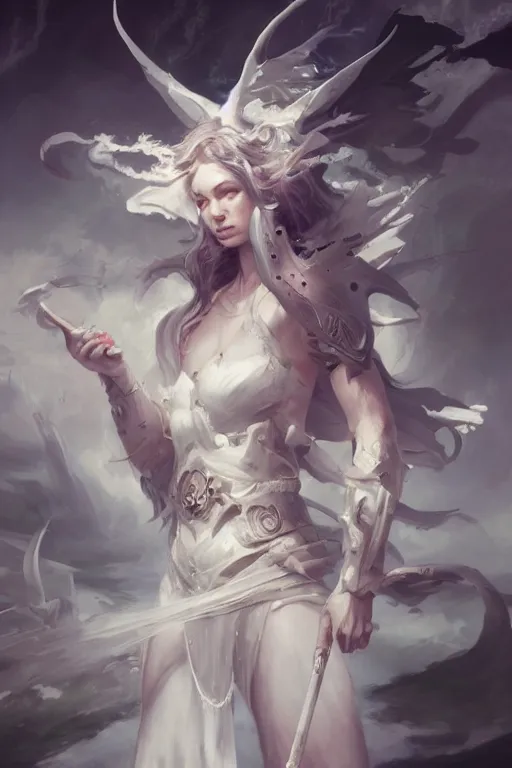 Image similar to beautiful girl warrior in white dress, casting magic spell, angel, magic storm and thunder clouds, fantasy, magic the gathering, hyper detailed, 3 d render, hyper realistic detailed portrait, peter mohrbacher, wlop, ruan jia