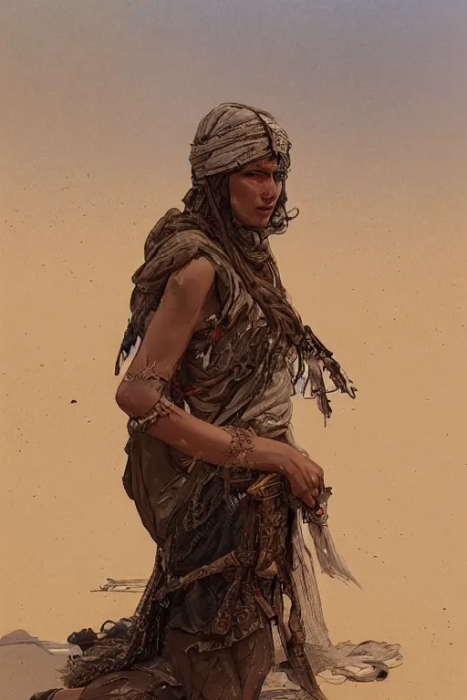 Image similar to a full body portrait of a beautiful post apocalyptic offworld desert bedouin blind barbarian leper laying by the roadside, begging, intricate, elegant, highly detailed, digital painting, artstation, concept art, smooth, sharp focus, illustration, art by krenz cushart and artem demura and alphonse mucha