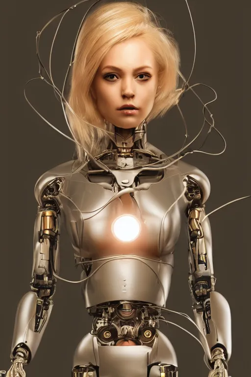 Image similar to a beautiful woman with blonde hair wearing robot suit with wires and light, highly detailed, photorealistic, artstation, smooth