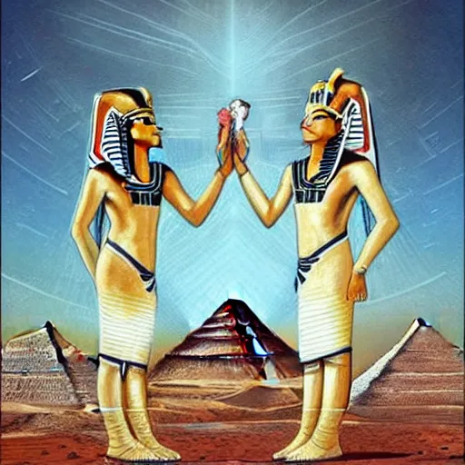 Image similar to the annunaki have returned to egypt wearing space suits that look like egyptian pharoah head - dresses and breathing hoses that look like elephant trunks - alien - looking, futuristic, detailed, photo - realism - by bob ross