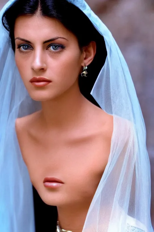 Prompt: young Monica Belluci as an Arab woman, tanned skintone, bright blue eyes, white veil, serious face, light blue decent dress, closeup