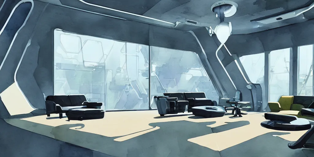 Image similar to a beautiful illustration of futuristic interior studio, lots of furniture, sofa, waiting room, big medium small, sacred geometry, golden ratio, in watercolor gouache detailed paintings, in style of syd mead, trending on artstation, 8 k, panel, hard surface, vent, zaha hadid, props, plant, cozy, decoration,, simon stalenhag, deus ex