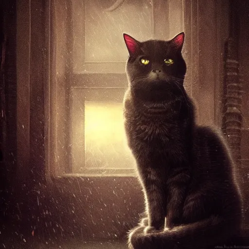 Prompt: a cat in a world full of ghosts, professional photo, professional lighting, trending on artstation, hdr, by albert bierstadt, well detailed, horror, in the style of stephen king, dark, mysterious, sinister