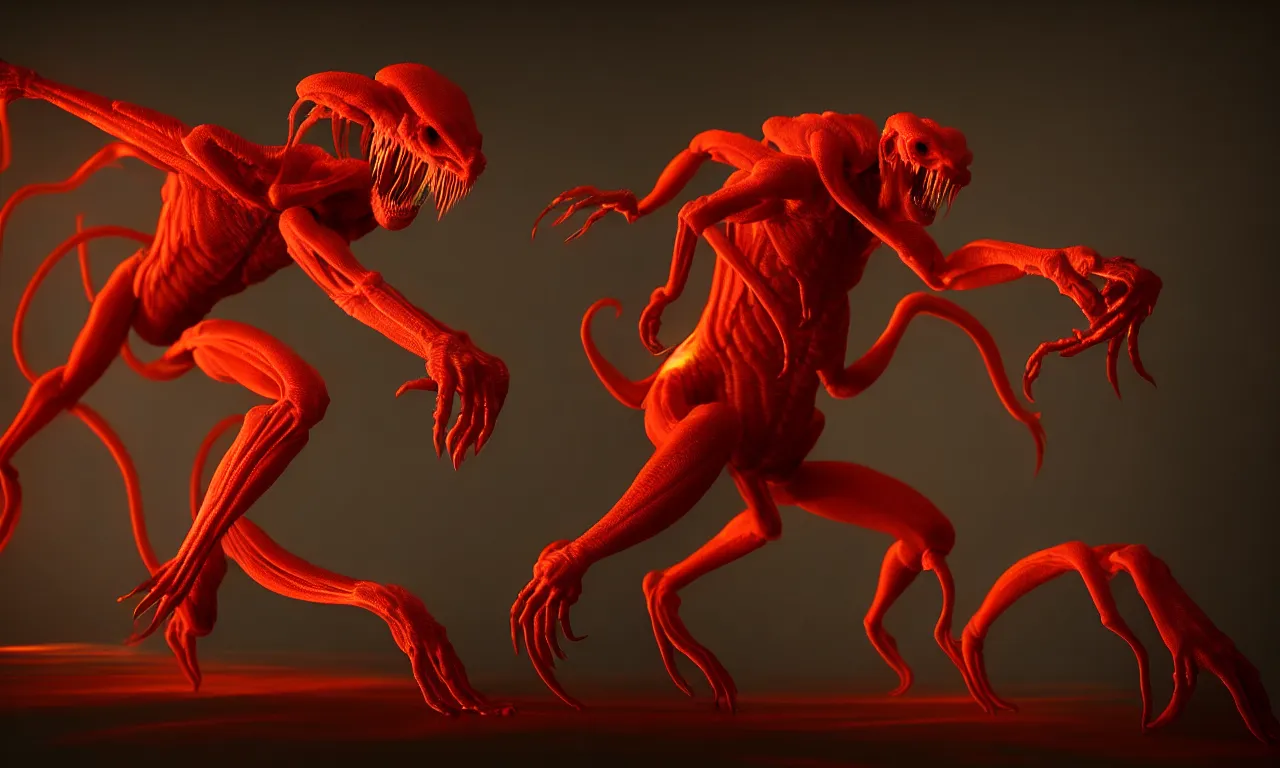 Prompt: capture of translucent wax unknown creature in dramatic attacking pose, motion blured movement, shadow cast of dark corridor, volumetric lighting, volume fog, subsurface scattering, dramatic lighting, high detail, from new scifi by digital domain and weta digital, strong ambient occlusion