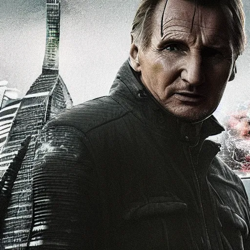 Image similar to liam neeson, godzilla, movie poster, profile shot, high quality, realistic, head to head