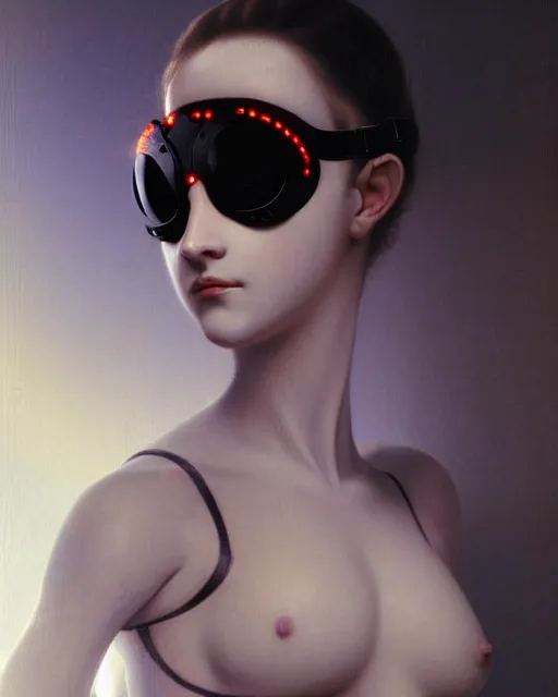 Image similar to 3 / 4 portrait photo by bouguereau of female dancer as a cyberpunk mecha humanoid robotic parts wearing goggles with led lights, inside white room, ultra - realistic and detailed, 8 k