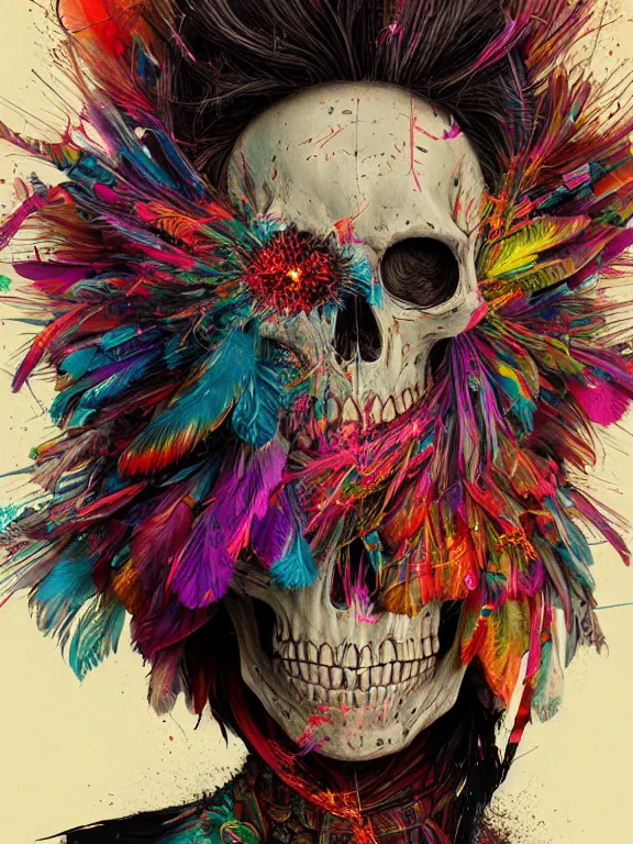 Image similar to art portrait of skeleton with colorful feathers exploding out of head,8k,by tristan eaton,Stanley Artgermm,Tom Bagshaw,Greg Rutkowski,Carne Griffiths,trending on DeviantArt,face enhance,hyper detailed,minimalist,full of colour