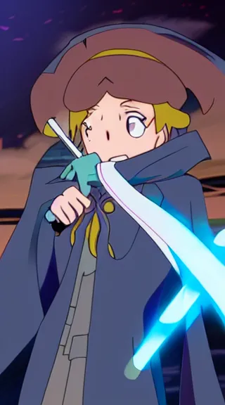 Image similar to Anime Screenshot of a LITTLE WITCH ACADEMIA unsheathing her sword at night, strong blue rimlit, visual-key, Nighttime Moonlit, anime illustration BY STUDIO TRIGGER