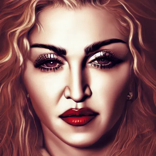Prompt: close - up portrait of madonna with red creepy half closed eyes, detailed face, ultra photorealistic, concept art, intricate details, serious, highly detailed, smooth, sharp focus, 8 k