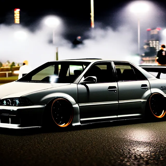 Image similar to a car JZX100 twin turbo drift at illegal car meet, Kanagawa prefecture, city midnight mist lights, cinematic lighting, photorealistic, highly detailed wheels, high detail