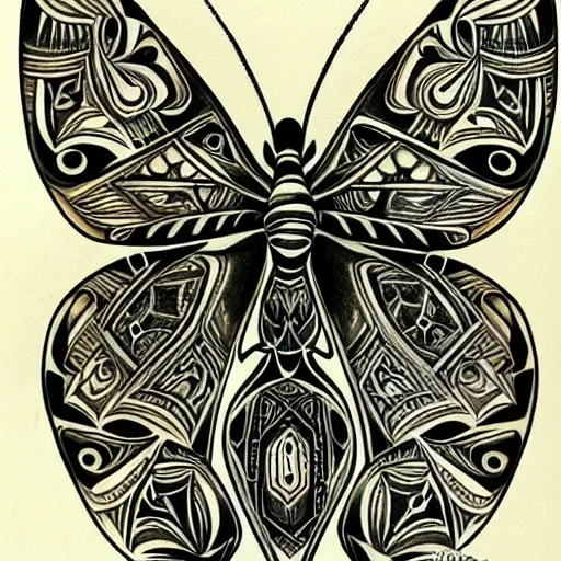 Image similar to neotribal moth, highly detailed, complicated, tattoo