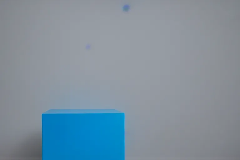 Prompt: single blue cube on white studio floor, soft light