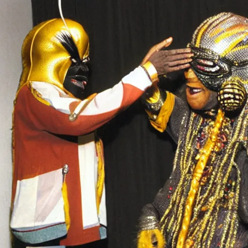 Image similar to sun ra shaking hands with a giant humanoid hairy spider