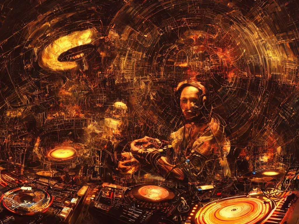 Image similar to an incredible masterpiece of a cyborg dj is playing a vast array of highly evolved and complex musical technology surrounded by an incredible and complex circular structure lit by fire, by craig mullins