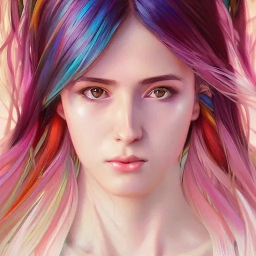 Image similar to portrait of beautiful symmetrical anime girl, rainbow hair, attractive, casual, modern, victoria's secret, highly detailed, digital painting, artstation, concept art, smooth, sharp focus, illustration, art by artgerm, greg rutkowski and alphonse mucha, 8 k,