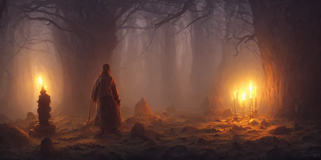 Prompt: Bury the light deep within, by Andreas Rocha + Ted Nasmith, dark, cinematic lighting, masterpiece, highly detailed, 8k resolution, trending on art station